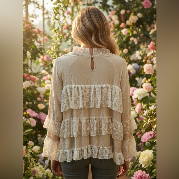 POL Cream Ruffled Tiered Blouse with Mandarin Collar - Picture 4 of 16